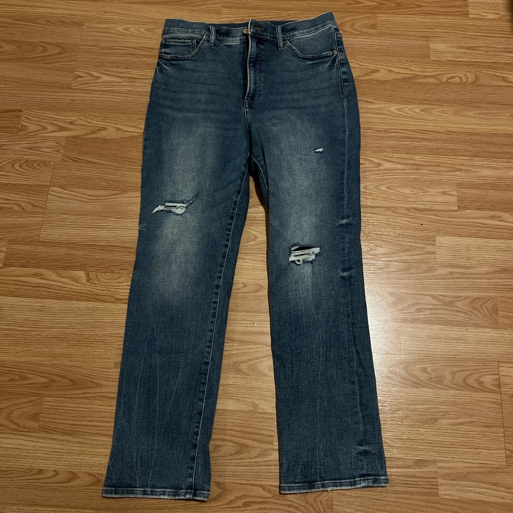 Express Women's Dark Blue Distressed Super High Rise 90s Slim Jeans